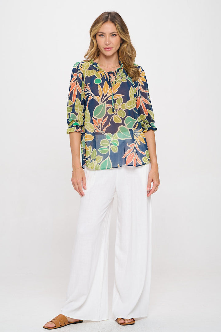 Semi Sheer Leaf Print 3/4 Sleeve Top with Tie-4