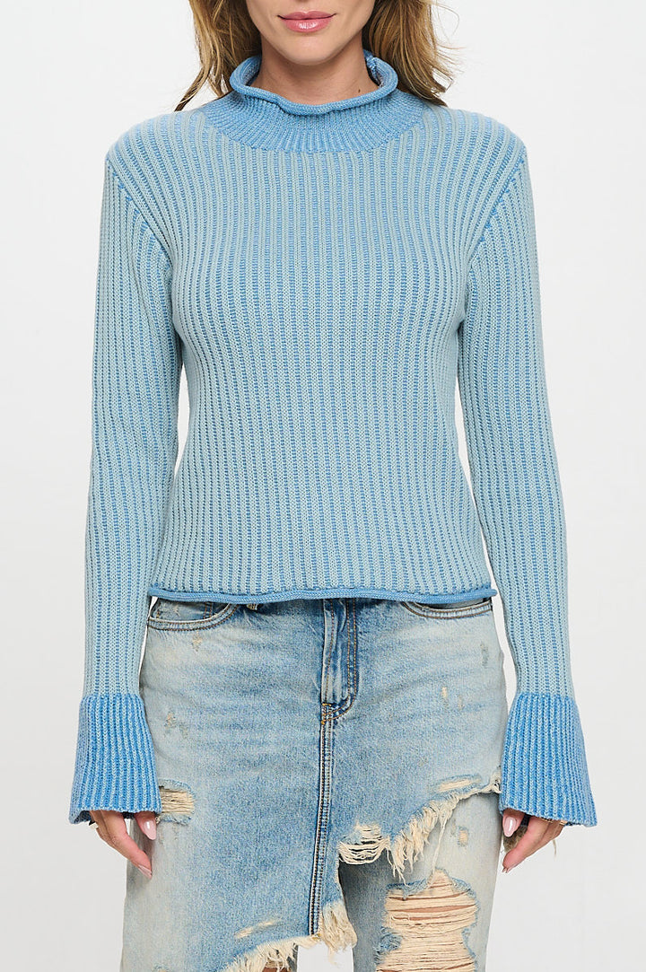 Cotton Knit Mock Neck Sweater with Colorblock Sleeve Detail-1