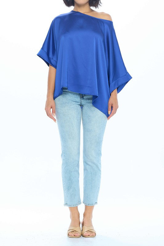 Stretch Satin Solid Round neck Oversize Top-1