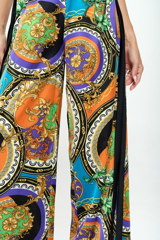 Stretch Satin Print Wide Leg Pants with Elastic Waist-0