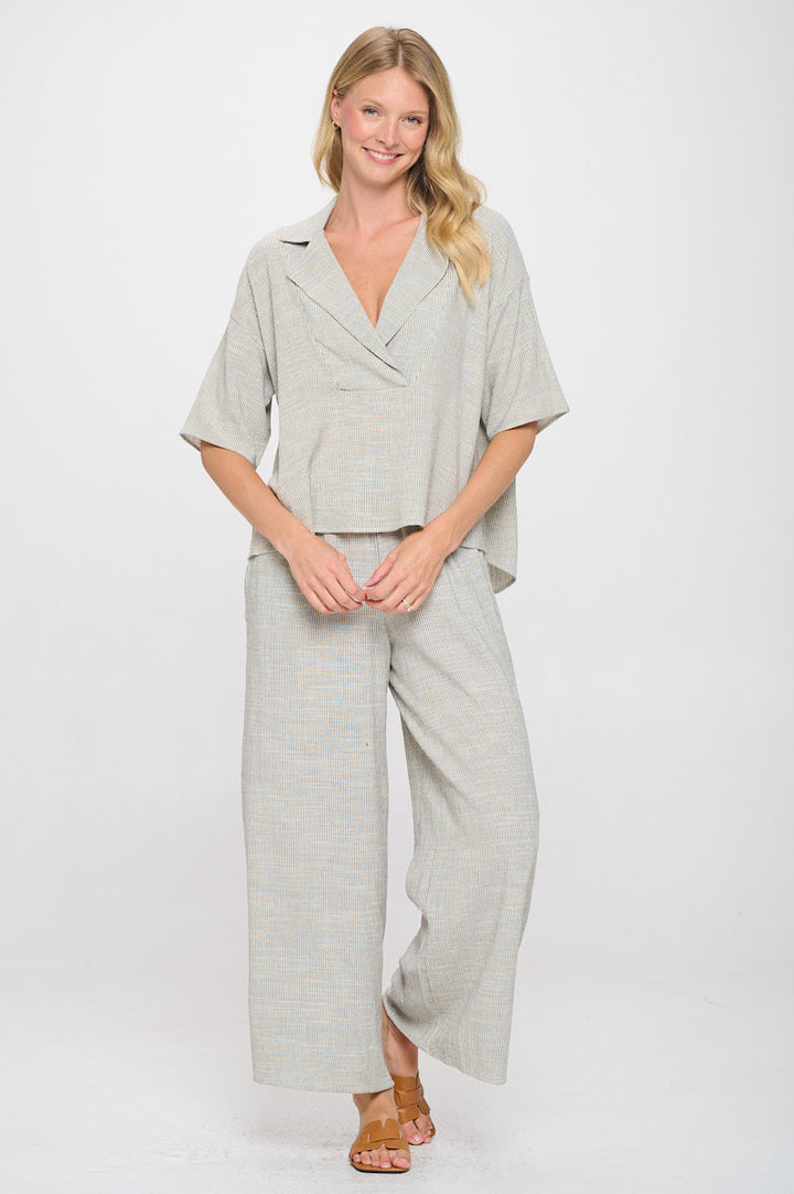 Striped Cotton Relaxed Oversize Fit V neck Top with Colla-2