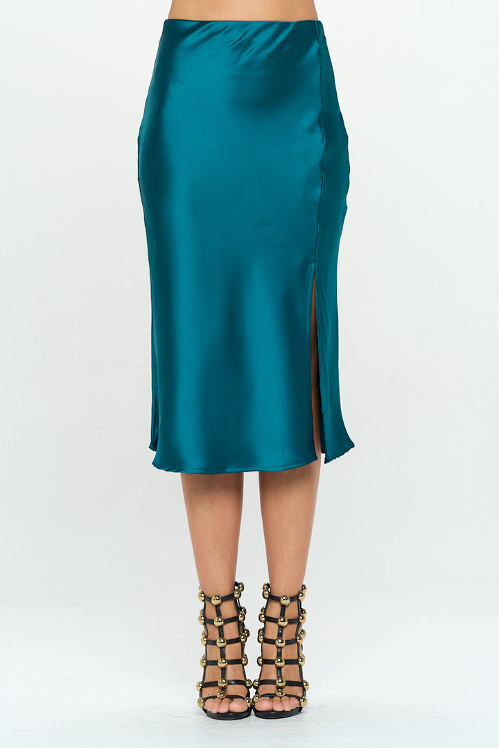 Solid Stretch Satin Midi Skirt with Slit-0