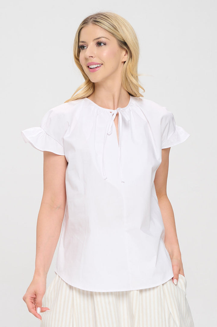 Cotton Solid Short Sleeve V neck Top with Tie-2