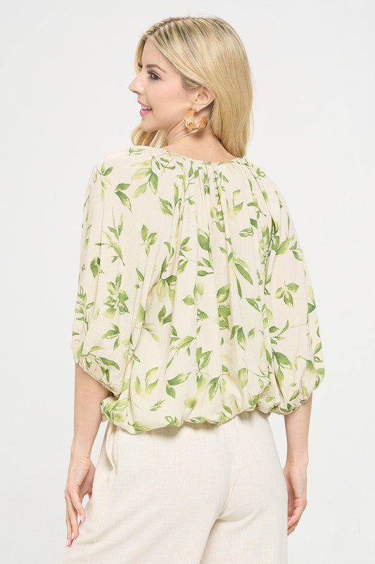 Floral Print V neck 3/4 Sleeve with Tie-3