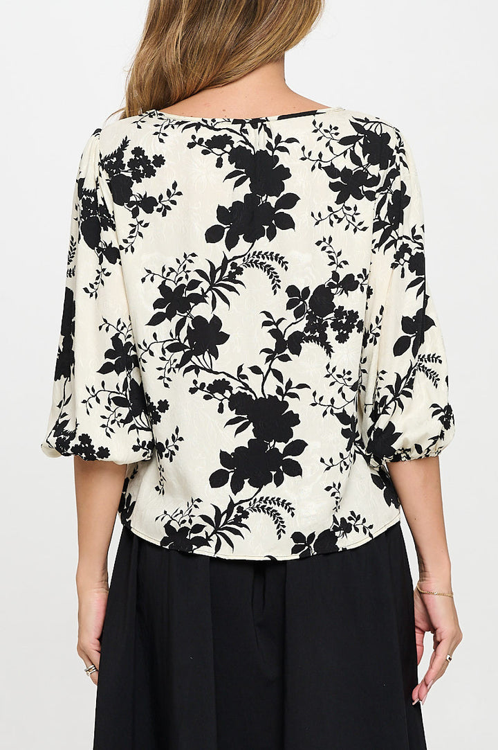 Floral Print 3/4 Sleeve Top with Front Twist-3