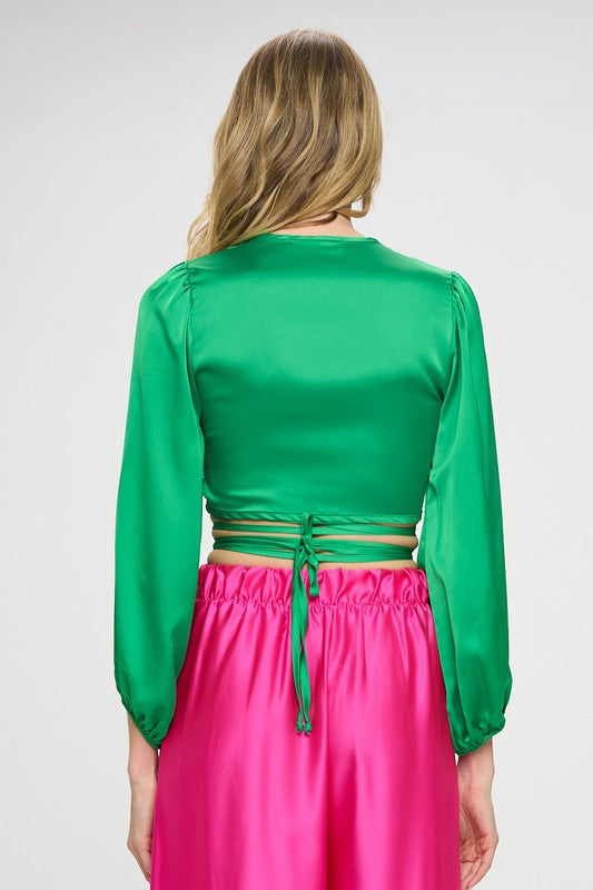 Silky Satin Wrap Crop Top with Tie-3