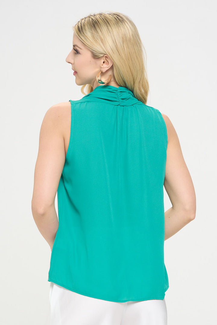 Solid V neck Top with Drape Neckline-3