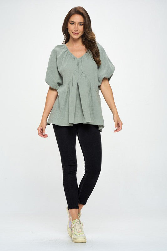 Cotton V neck Puff Sleeve Tunic Top-4