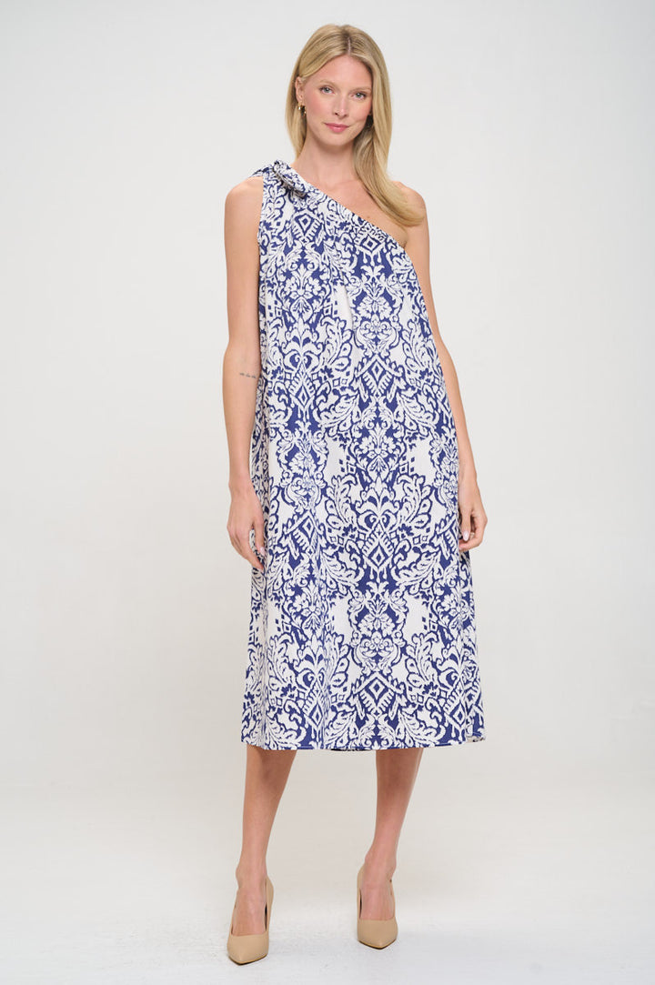 Cotton One Shoulder Midi Dress with Tie-1