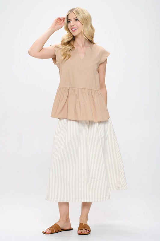Cotton V neck Short Sleeve Top with Tiered Hem-4