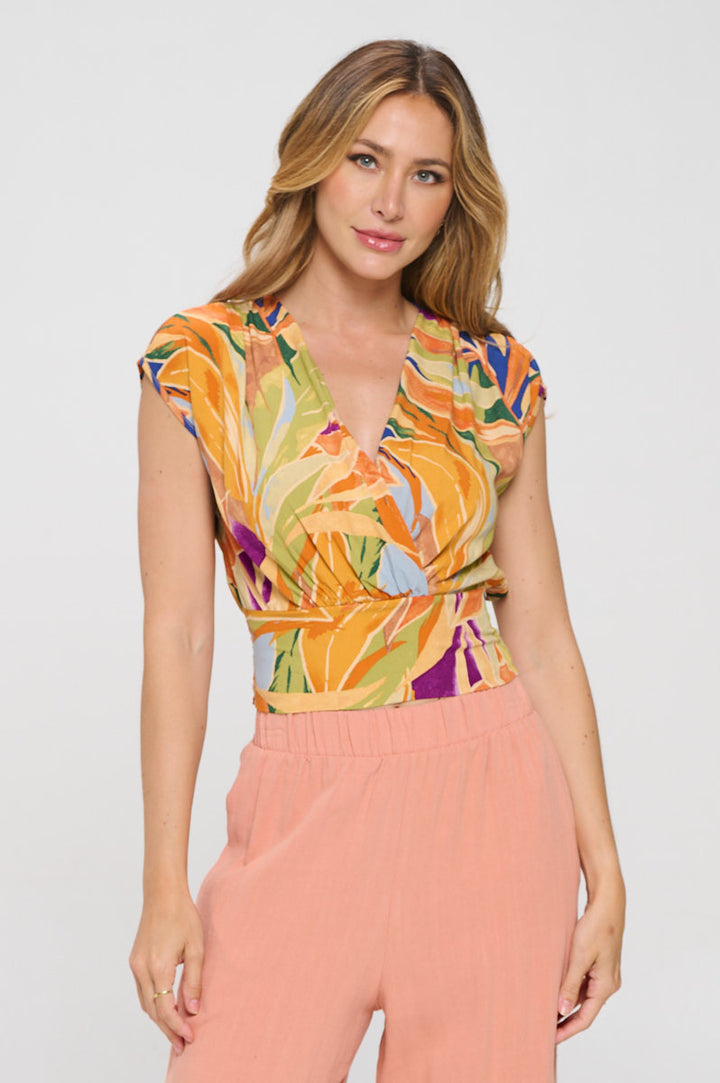 Floral Print V neck Crop Top w Smock Back Detail-1