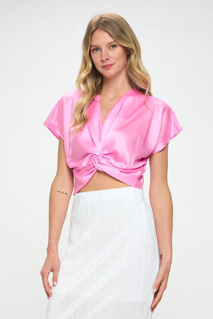 Satin Short Sleeve Top with Front Twist-3