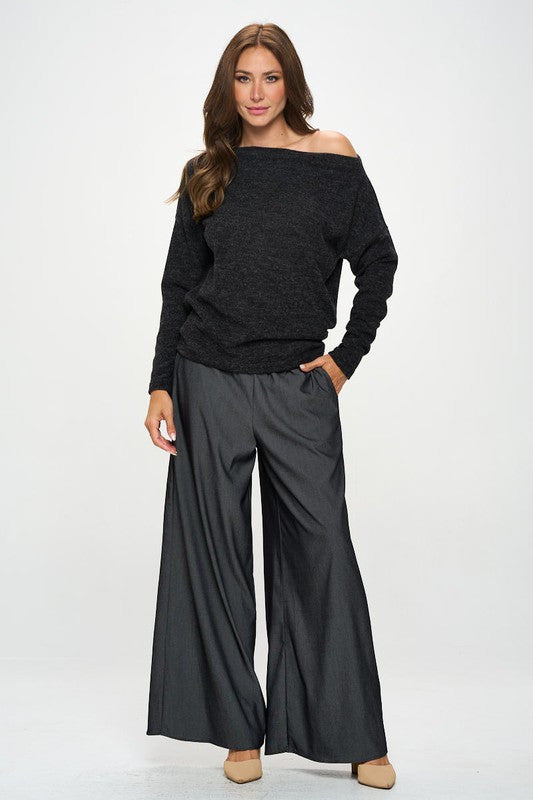 Charcoal ?Knit Off the Shoulder Top-4