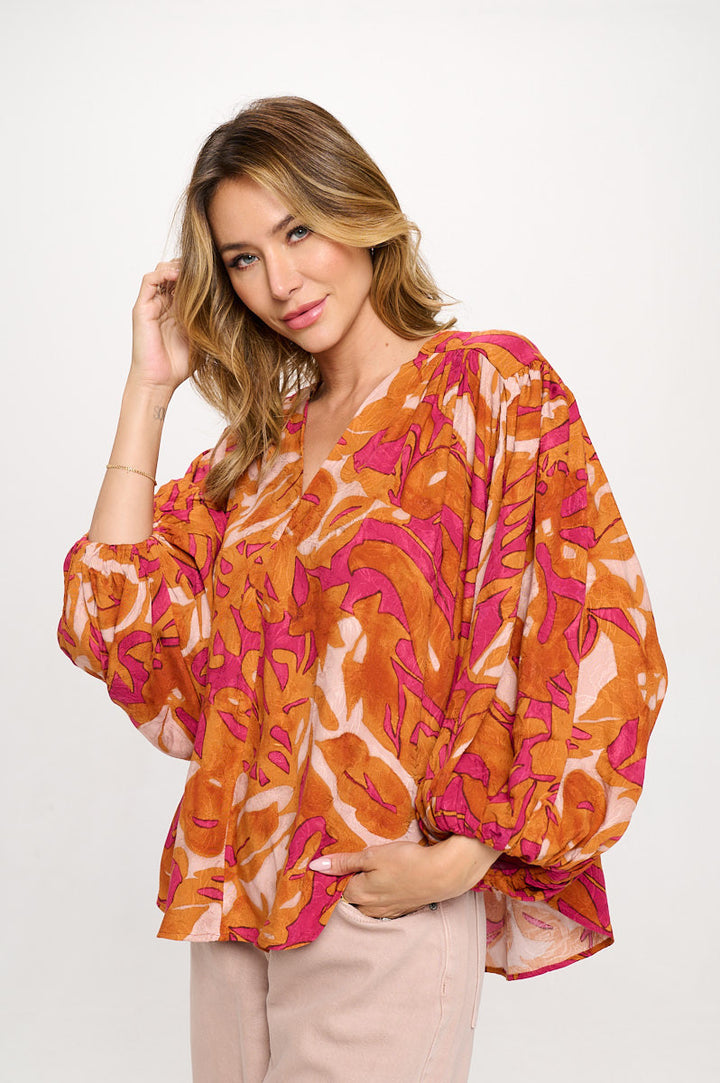 Floral Print V neck Top with Balloon Sleeve-0