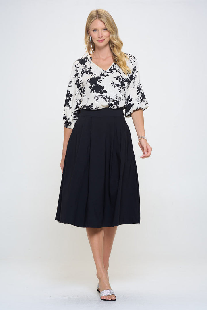 Flower Print Notch Neck 3/4 Sleeve Top-1