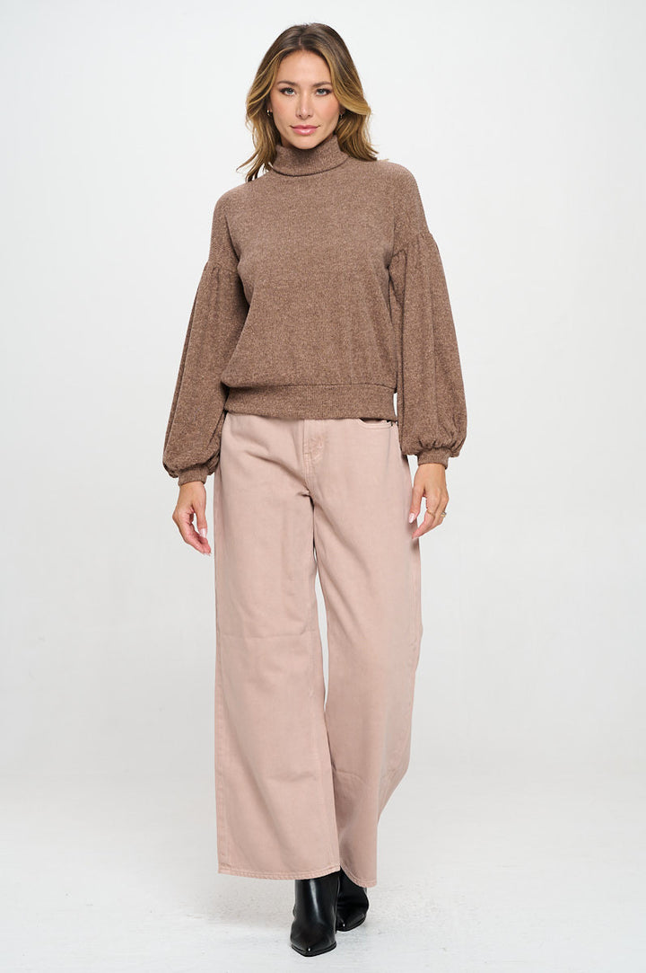 Rib Knit Turtleneck Top with Balloon Cuffed Sleeve-4