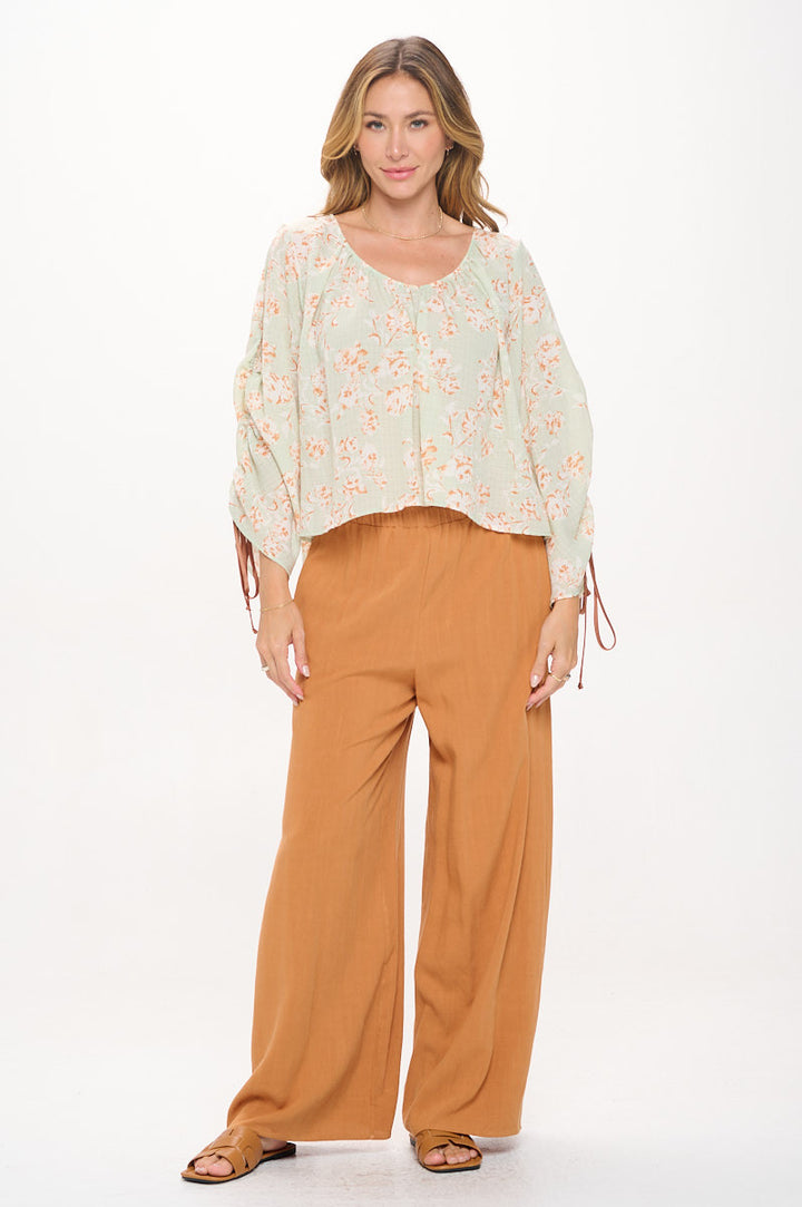 Floral Print Boat Neck Top with Adjustable Tie Sleeve-4