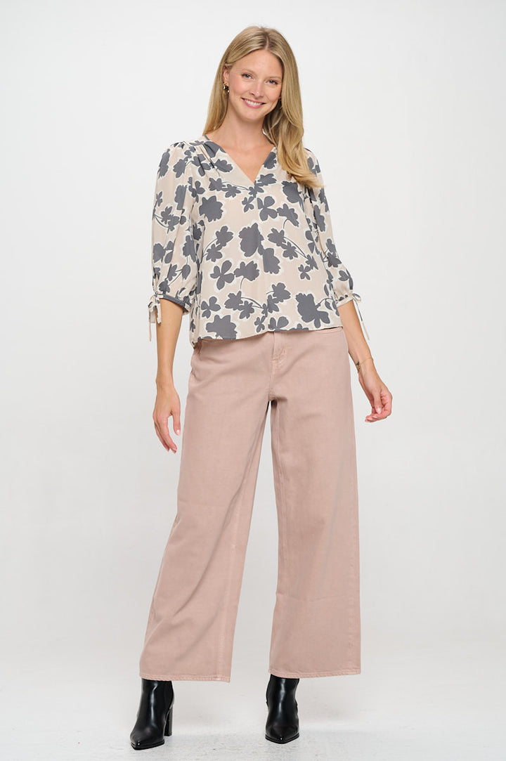 Floral Print V neck Top with Sleeve Tie-4