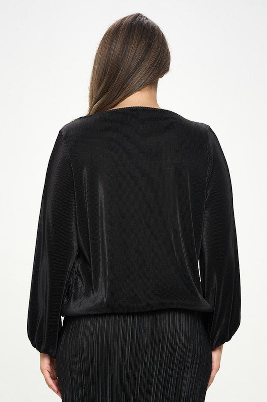 Plisse Solid Round neck Top with 3/4 Sleeve-3