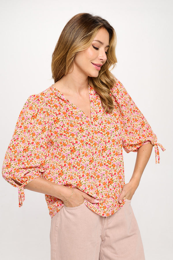 Floral Print V neck Top with Sleeve Tie-0
