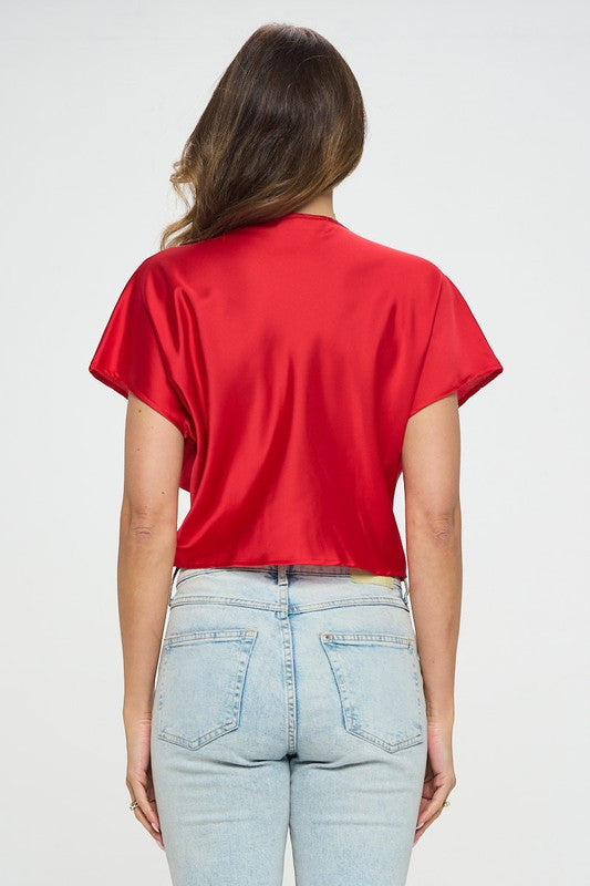 Satin Short Sleeve Top with Front Twist-3