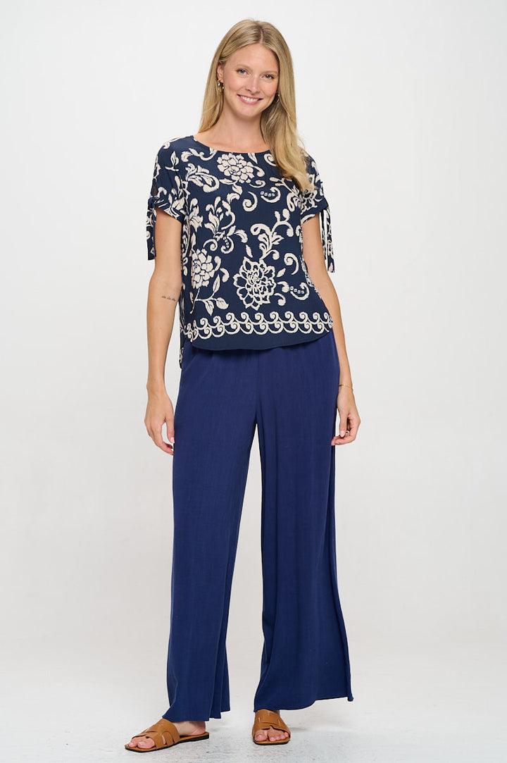 Floral Print Short Sleeve Top with Tie Sleeve-4