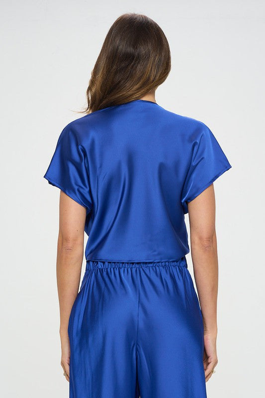 Satin Short Sleeve Top with Front Twist-3