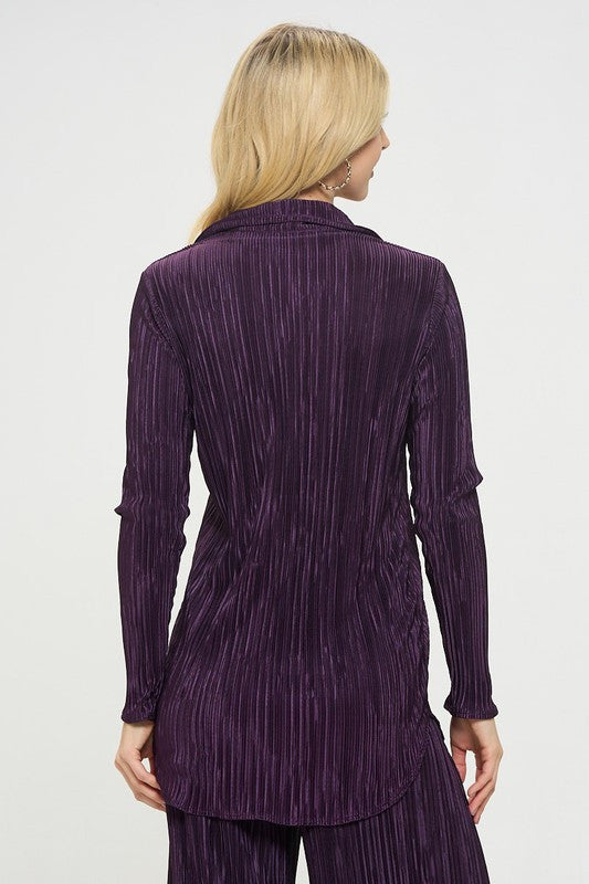 Plisse Solid Button Down Top with Collar-3