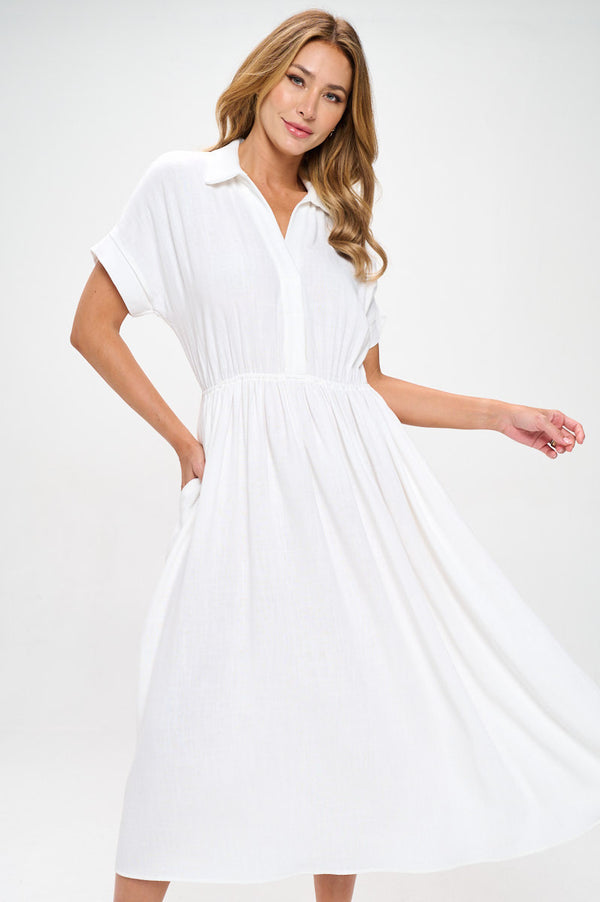 Linen Solid Collared V neck Dress with Pockets-0