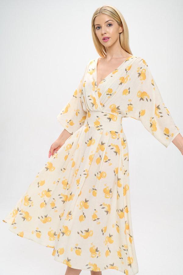 Lemon Print V neck Swing Midi Dress with Pockets-0