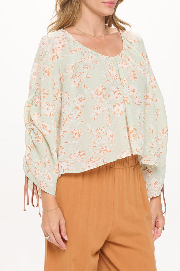 Floral Print Boat Neck Top with Adjustable Tie Sleeve-2