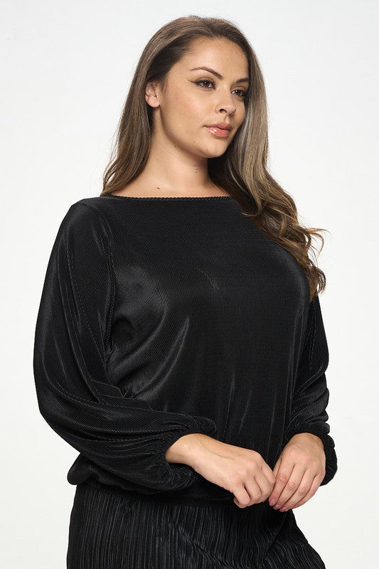 Plisse Solid Round neck Top with 3/4 Sleeve-2