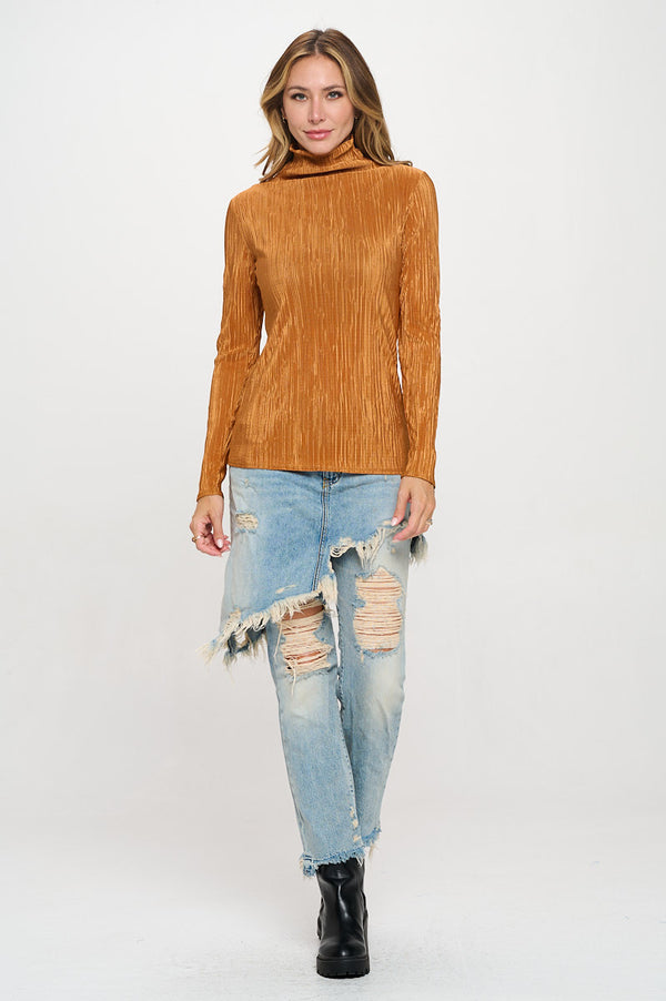 Plisse Long Sleeve Mock Neck Top-5