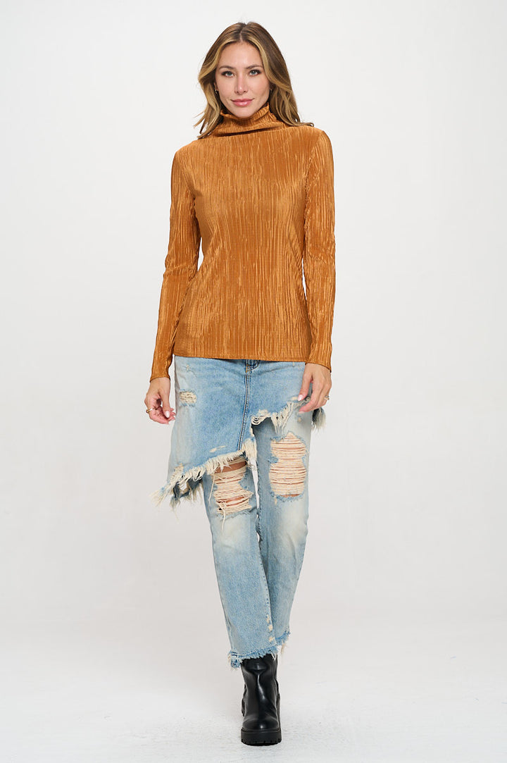Plisse Long Sleeve Mock Neck Top-5