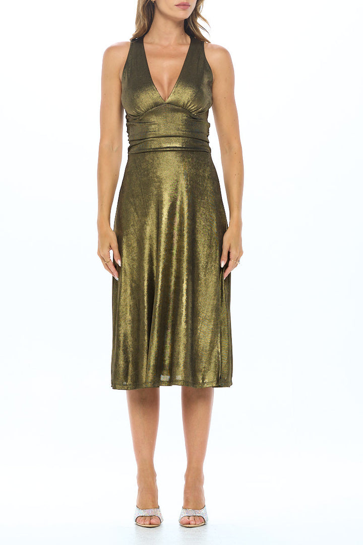 Metallic Solid Deep V Neck Lined Dress with Slit-6