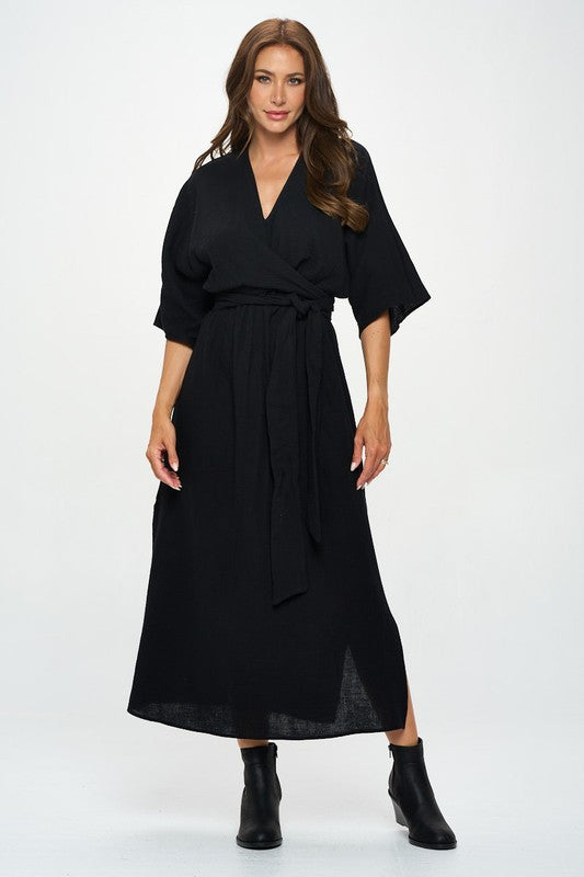 Solid Kimono Style Maxi Dress with Tie-2