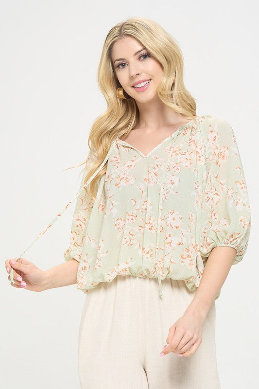 Floral Print V neck 3/4 Sleeve-1