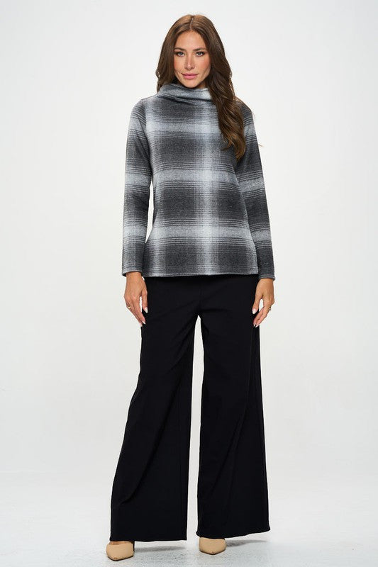 Plaid Print Knit Long Sleeve Mock Neck Top-4