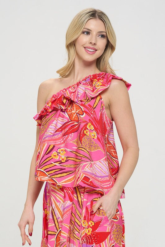 Tropical Leaf Print One Shoulder Top with Ruffle Neckline-2