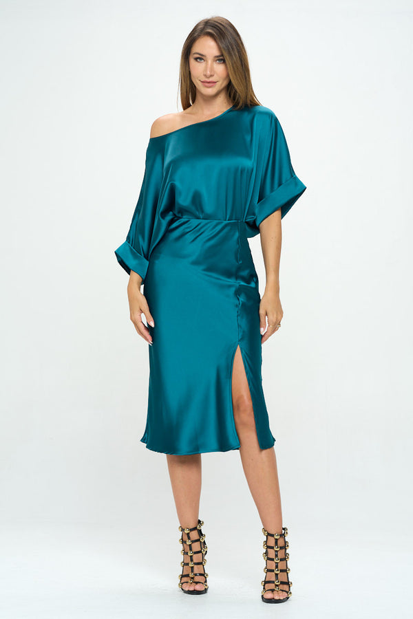 Solid Stretch Satin Midi Skirt with Slit-5