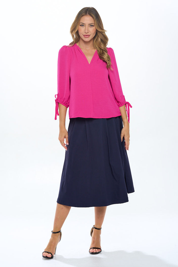 Solid V neck 3/4 Sleeve Top with Sleeve Tie-4