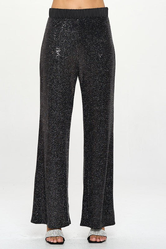 Sequins Wide Leg Pants with Satin Waistband-0