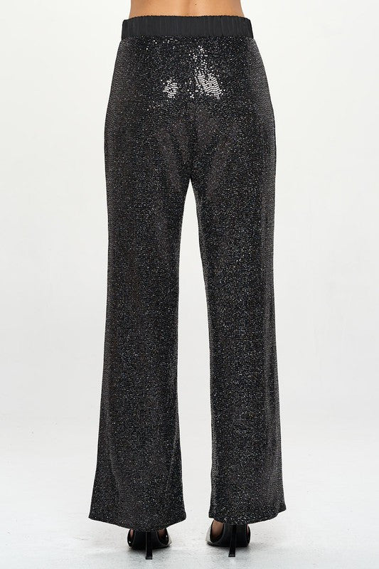 Sequins Wide Leg Pants with Satin Waistband-3