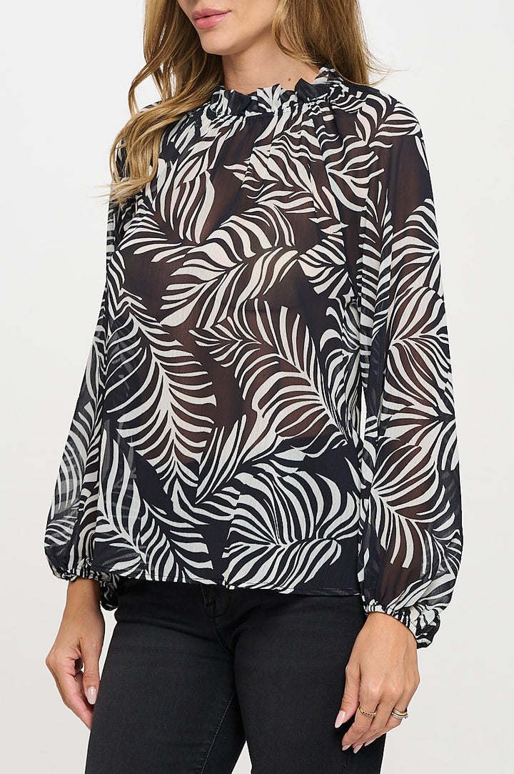 Print Sheer Ruffle Mock Neck Top-2