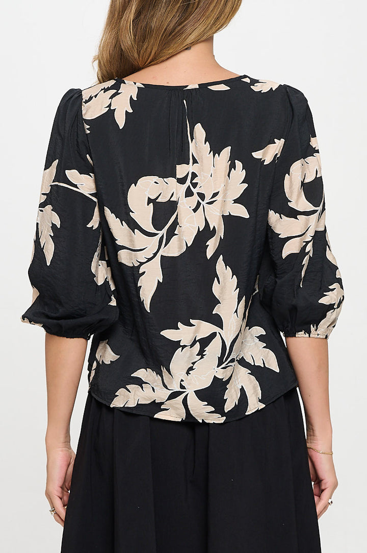 Floral Print 3/4 Sleeve Top with Front Twist-3