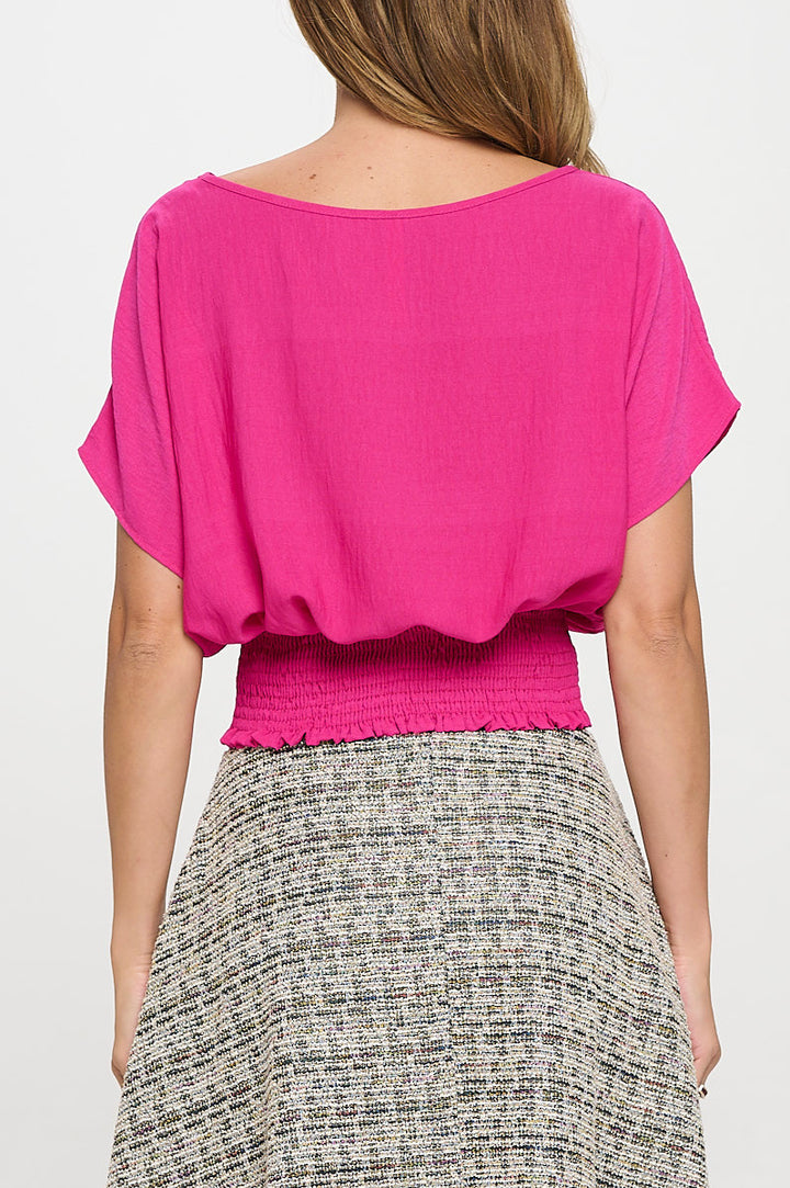Solid Flowy Short Sleeve Top with Smock Bottom-3