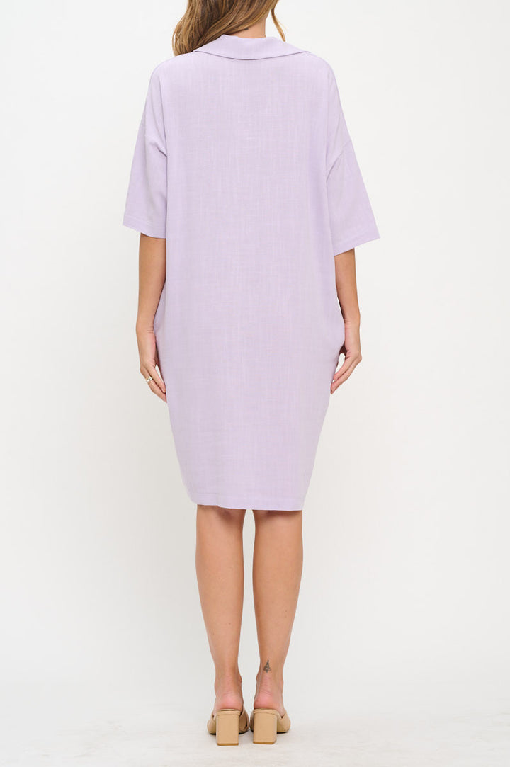 Linen V neck Collared Dress with Pockets-1