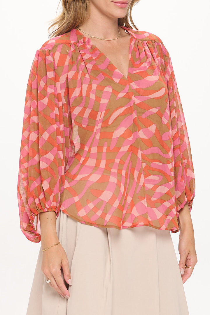 Abstract Print V neck Sheer Top with 3/4 Sleeve-2