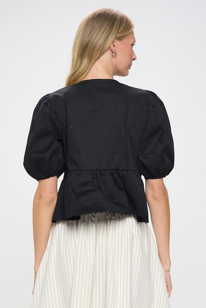 Cotton Puff Sleeve Top with Front Tie Detail-3
