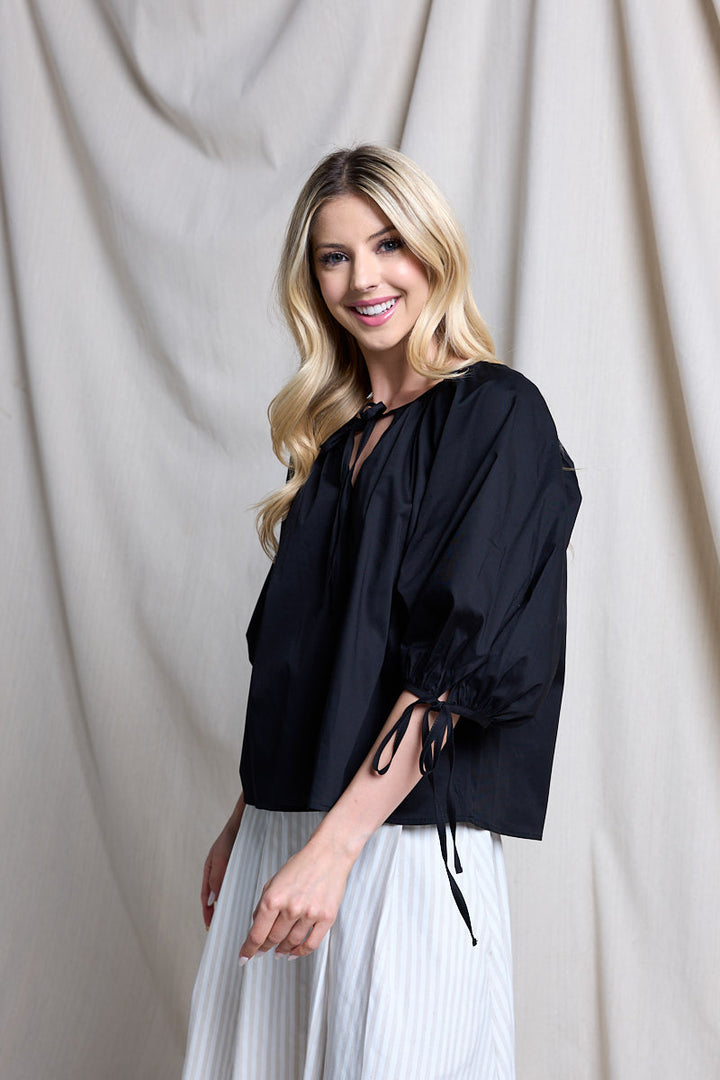 Cotton V neck Half Puff Sleeve with Tie-6